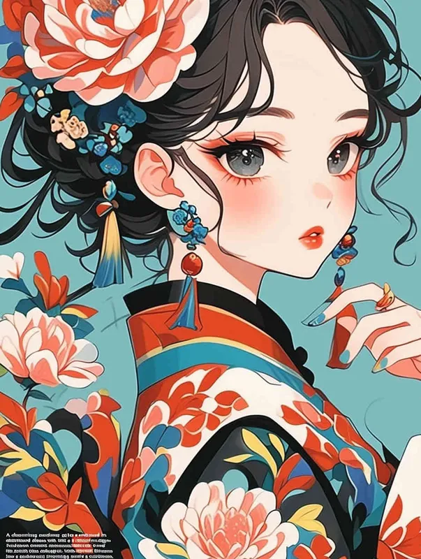 A cute and beautiful anime girl wearing an embroidered dress with colorful floral patterns, featuring a Chinese style illustration, flat coloring, bold lines, vibrant colors, closeup shots, and large portraits. The background is light blue, cel shading, and 2D game art. Her hair features peony flowers in her hairstyle, with long black curly braids. She has exquisite makeup on one eye and wears earrings made of red gemstones in the style of Chinese illustration.  - style1部分