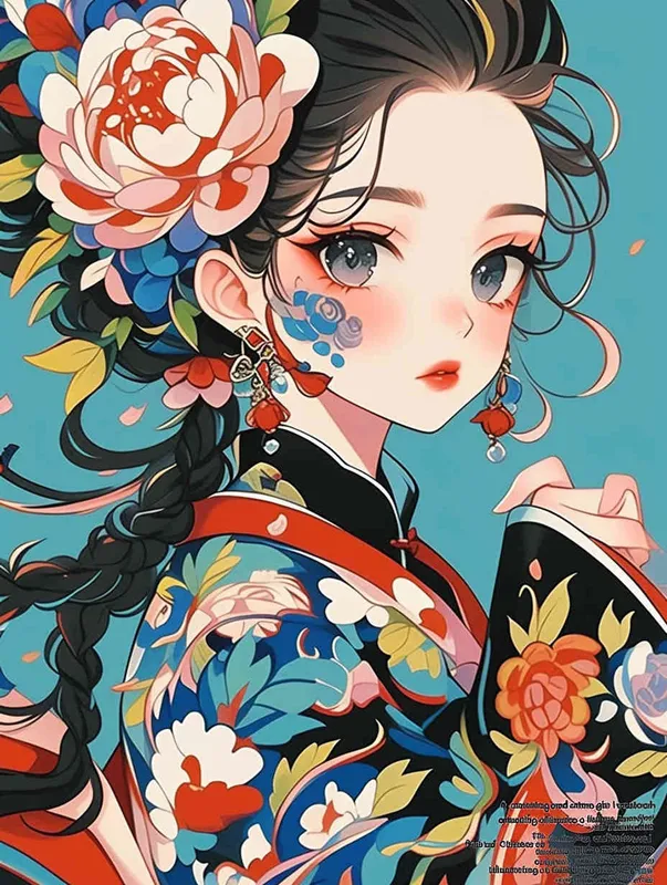 A cute and beautiful anime girl wearing an embroidered dress with colorful floral patterns, featuring a Chinese style illustration, flat coloring, bold lines, vibrant colors, closeup shots, and large portraits. The background is light blue, cel shading, and 2D game art. Her hair features peony flowers in her hairstyle, with long black curly braids. She has exquisite makeup on one eye and wears earrings made of red gemstones in the style of Chinese illustration.  - style2部分