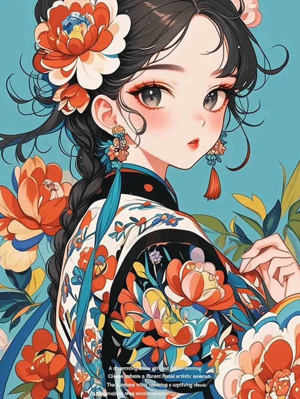 A cute and beautiful anime girl wearing an embroidered dress with colorful floral patterns, featuring a Chinese style illustration, flat coloring, bold lines, vibrant colors, closeup shots, and large portraits. The background is light blue, cel shading, and 2D game art. Her hair features peony flowers in her hairstyle, with long black curly braids. She has exquisite makeup on one eye and wears earrings made of red gemstones in the style of Chinese illustration.  - style3部分