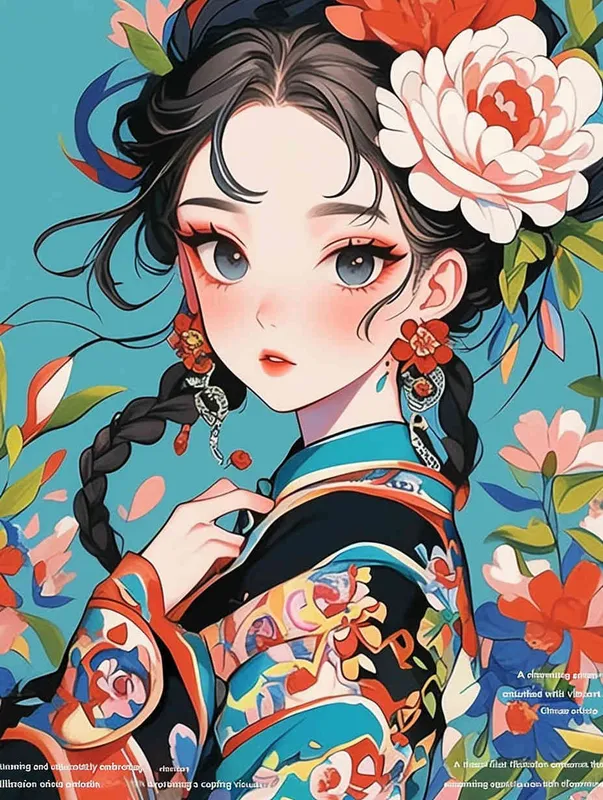 A cute and beautiful anime girl wearing an embroidered dress with colorful floral patterns, featuring a Chinese style illustration, flat coloring, bold lines, vibrant colors, closeup shots, and large portraits. The background is light blue, cel shading, and 2D game art. Her hair features peony flowers in her hairstyle, with long black curly braids. She has exquisite makeup on one eye and wears earrings made of red gemstones in the style of Chinese illustration.  - style4部分