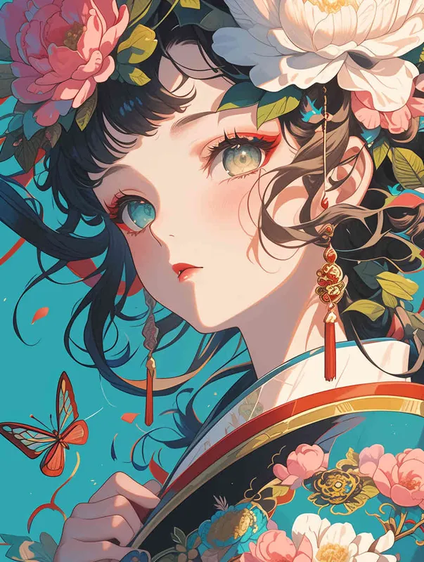 A cute and beautiful anime girl wearing an embroidered dress with colorful floral patterns, featuring a Chinese style illustration, flat coloring, bold lines, vibrant colors, closeup shots, and large portraits. The background is light blue, cel shading, and 2D game art. Her hair features peony flowers in her hairstyle, with long black curly braids. She has exquisite makeup on one eye and wears earrings made of red gemstones in the style of Chinese illustration. - style1部分
