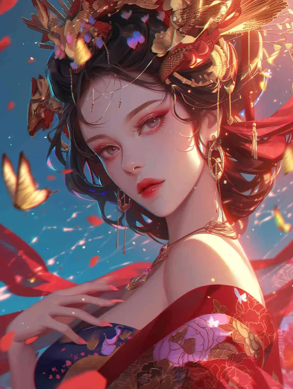 A cute and beautiful anime girl wearing an embroidered dress with colorful floral patterns, featuring a Chinese style illustration, flat coloring, bold lines, vibrant colors, closeup shots, and large portraits. The background is light blue, cel shading, and 2D game art. Her hair features peony flowers in her hairstyle, with long black curly braids. She has exquisite makeup on one eye and wears earrings made of red gemstones in the style of Chinese illustration. - style2部分