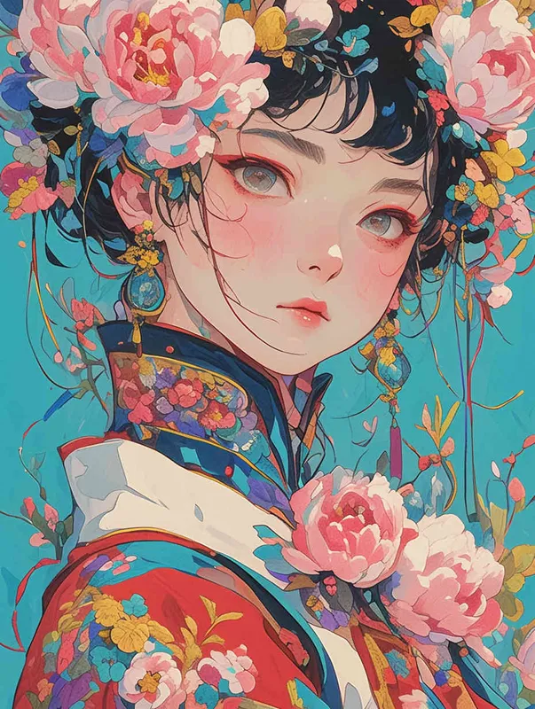 A cute and beautiful anime girl wearing an embroidered dress with colorful floral patterns, featuring a Chinese style illustration, flat coloring, bold lines, vibrant colors, closeup shots, and large portraits. The background is light blue, cel shading, and 2D game art. Her hair features peony flowers in her hairstyle, with long black curly braids. She has exquisite makeup on one eye and wears earrings made of red gemstones in the style of Chinese illustration. - style3部分
