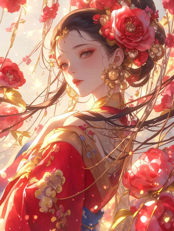 A cute and beautiful anime girl wearing an embroidered dress with colorful floral patterns, featuring a Chinese style illustration, flat coloring, bold lines, vibrant colors, closeup shots, and large portraits. The background is light blue, cel shading, and 2D game art. Her hair features peony flowers in her hairstyle, with long black curly braids. She has exquisite makeup on one eye and wears earrings made of red gemstones in the style of Chinese illustration. - style4部分