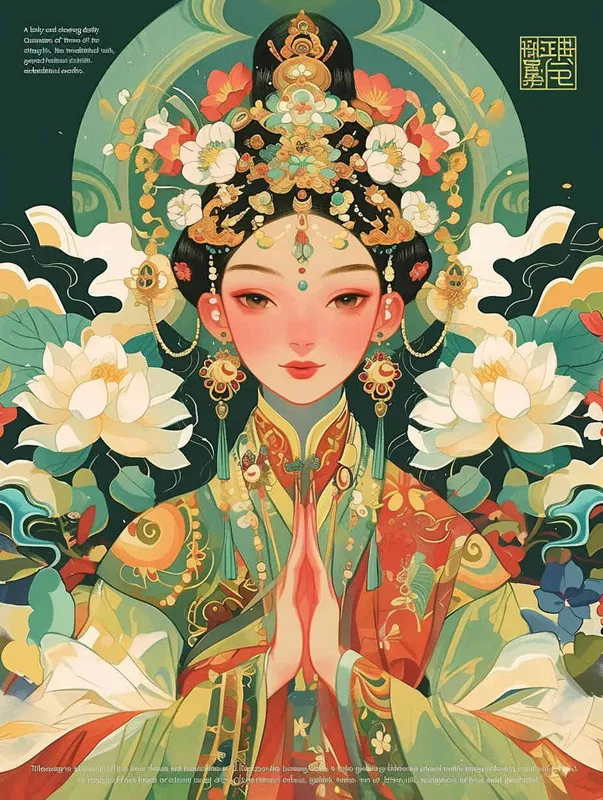 A vibrant and cute illustration of the Chinese Goddess Guanyin, featuring traditional attire with floral patterns on her headpiece in an elegant green color scheme. The background is adorned with auspicious clouds and flowers, creating a harmonious blend that embodies cultural richness and celebration. The focus is on her face.  - style1部分