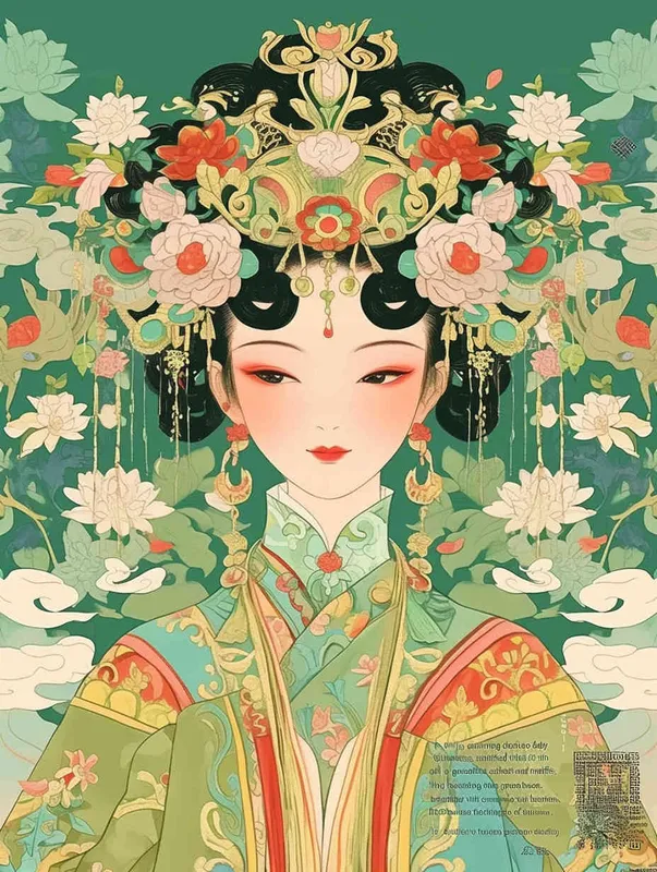 A vibrant and cute illustration of the Chinese Goddess Guanyin, featuring traditional attire with floral patterns on her headpiece in an elegant green color scheme. The background is adorned with auspicious clouds and flowers, creating a harmonious blend that embodies cultural richness and celebration. The focus is on her face.  - style2部分