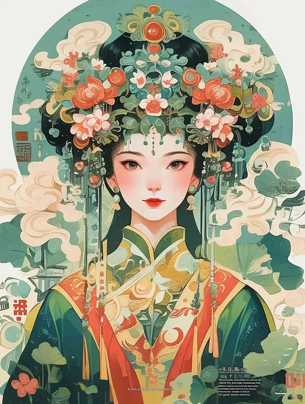 A vibrant and cute illustration of the Chinese Goddess Guanyin, featuring traditional attire with floral patterns on her headpiece in an elegant green color scheme. The background is adorned with auspicious clouds and flowers, creating a harmonious blend that embodies cultural richness and celebration. The focus is on her face.  - style3部分