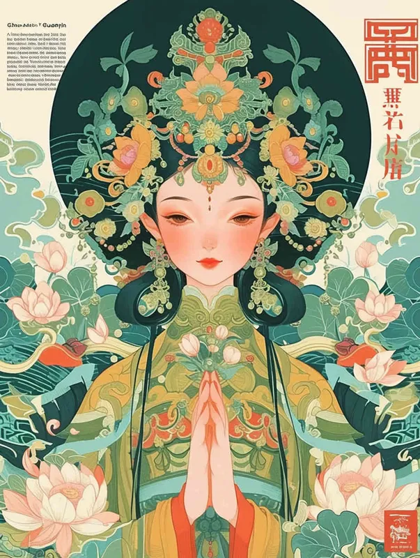 A vibrant and cute illustration of the Chinese Goddess Guanyin, featuring traditional attire with floral patterns on her headpiece in an elegant green color scheme. The background is adorned with auspicious clouds and flowers, creating a harmonious blend that embodies cultural richness and celebration. The focus is on her face.  - style4部分