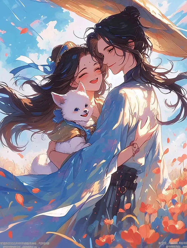 A cute girl with long black hair, wearing an elegant blue dress and white hat holding her small beige dog in the style of Japanese anime. The background features a sunny sky with clouds, surrounded by red flowers, creating a cheerful atmosphere. This illustration uses soft colors and gentle brushstrokes, giving it a warm and inviting feel. –ar – AI绘画作品展示 | Midjourney中文版生成