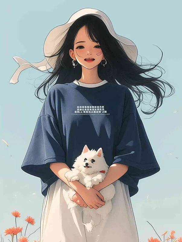 A cute girl with long black hair, wearing an elegant blue dress and white hat holding her small beige dog in the style of Japanese anime. The background features a sunny sky with clouds, surrounded by red flowers, creating a cheerful atmosphere. This illustration uses soft colors and gentle brushstrokes, giving it a warm and inviting feel. --ar - style2部分