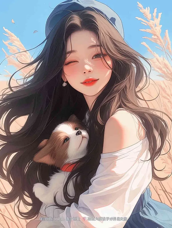A cute girl with long black hair, wearing an elegant blue dress and white hat holding her small beige dog in the style of Japanese anime. The background features a sunny sky with clouds, surrounded by red flowers, creating a cheerful atmosphere. This illustration uses soft colors and gentle brushstrokes, giving it a warm and inviting feel. --ar - style3部分