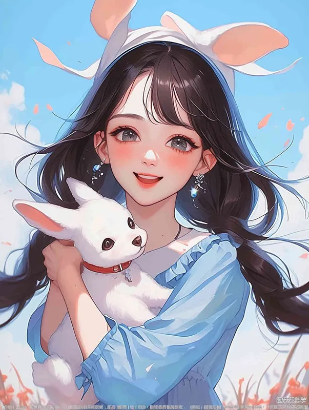 A cute girl with long black hair, wearing an elegant blue dress and white hat holding her small beige dog in the style of Japanese anime. The background features a sunny sky with clouds, surrounded by red flowers, creating a cheerful atmosphere. This illustration uses soft colors and gentle brushstrokes, giving it a warm and inviting feel. --ar - style4部分