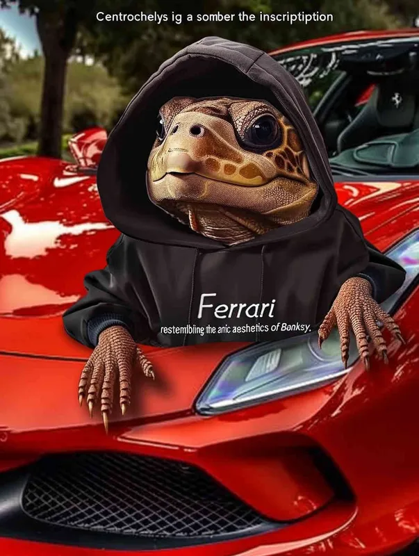 Centrochelys sulcata wearing a black hoodie with the word “Hoodacrich” written on it, sitting in front of a red Ferrari car in the style of [Banksy](https://goo.gl/search?artist%20Banksy).  – AI绘画作品展示 | Midjourney中文版生成