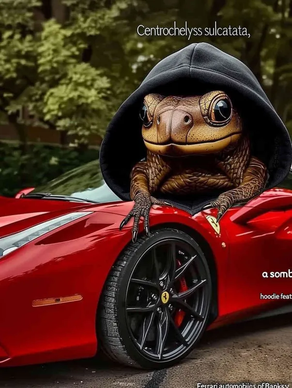 Centrochelys sulcata wearing a black hoodie with the word 
