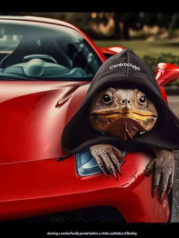 Centrochelys sulcata wearing a black hoodie with the word 